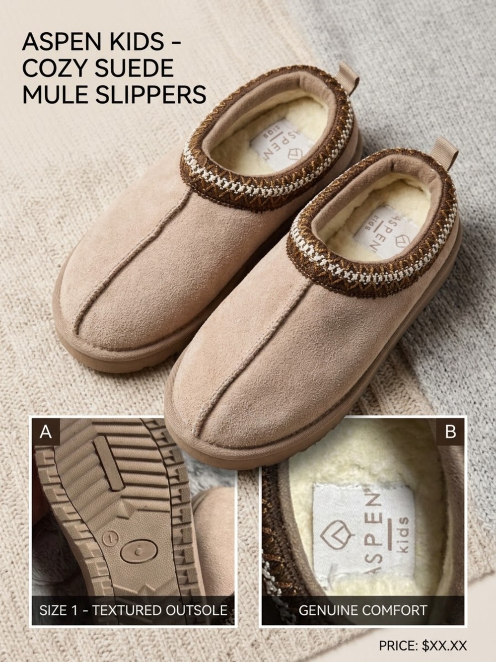 Aspen Kids Cozy Suede Mule Slippers - Light Beige